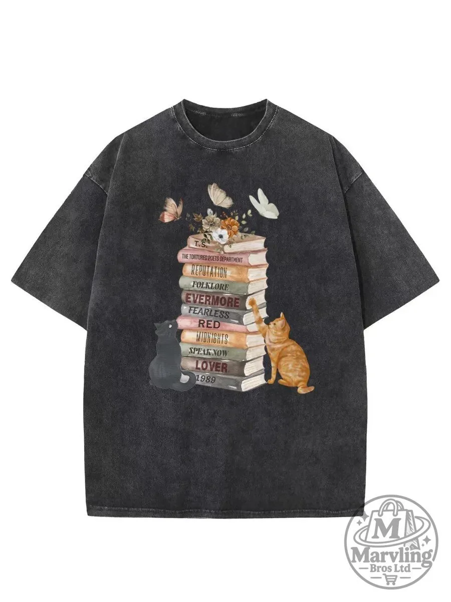 Taylor Swift Albums as Books and Cats Washed T-Shirt