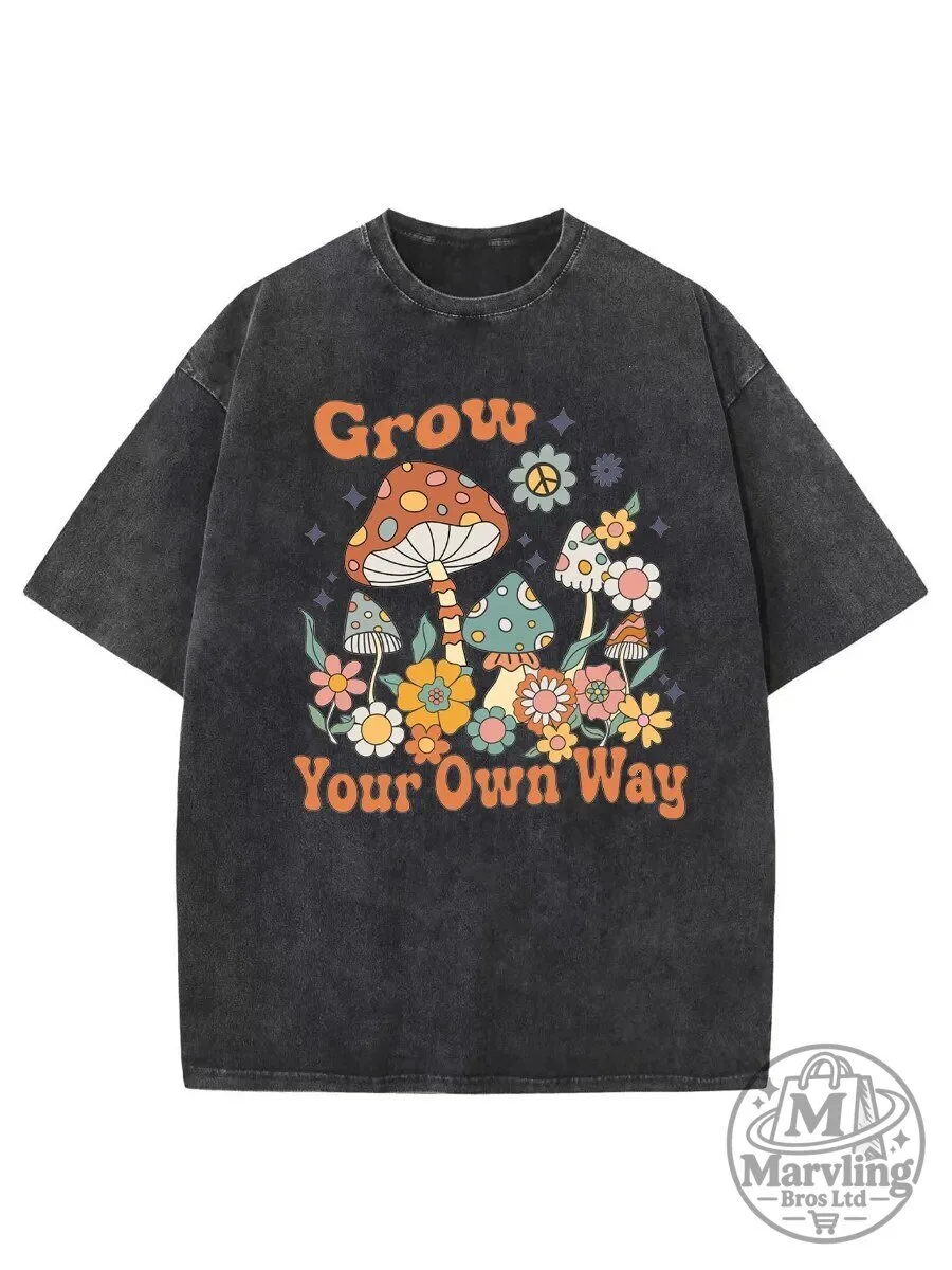 Vintage Mushroom Grow Your Own Way Floral Washed T-Shirt