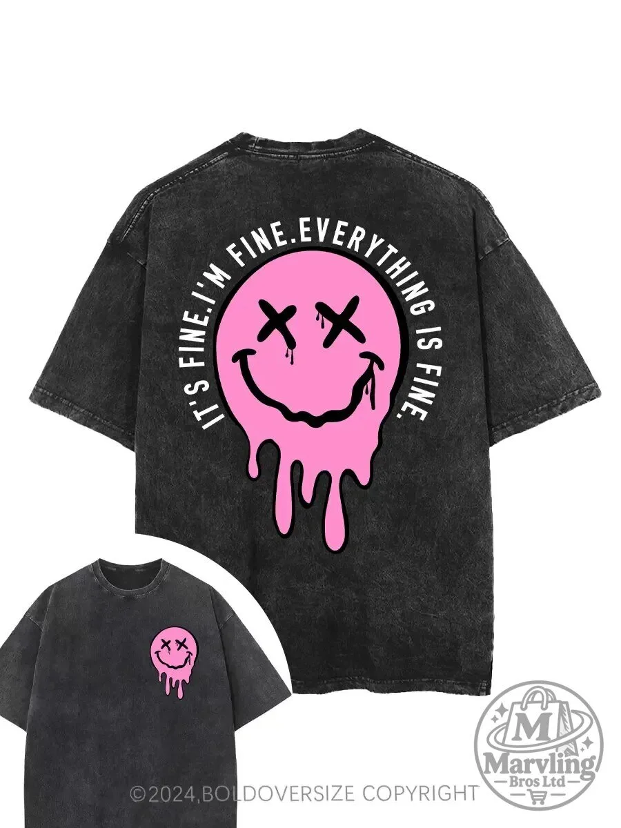It's Fine Everything Is Fine Pink Dripping Smiley Face Washed T-Shirt
