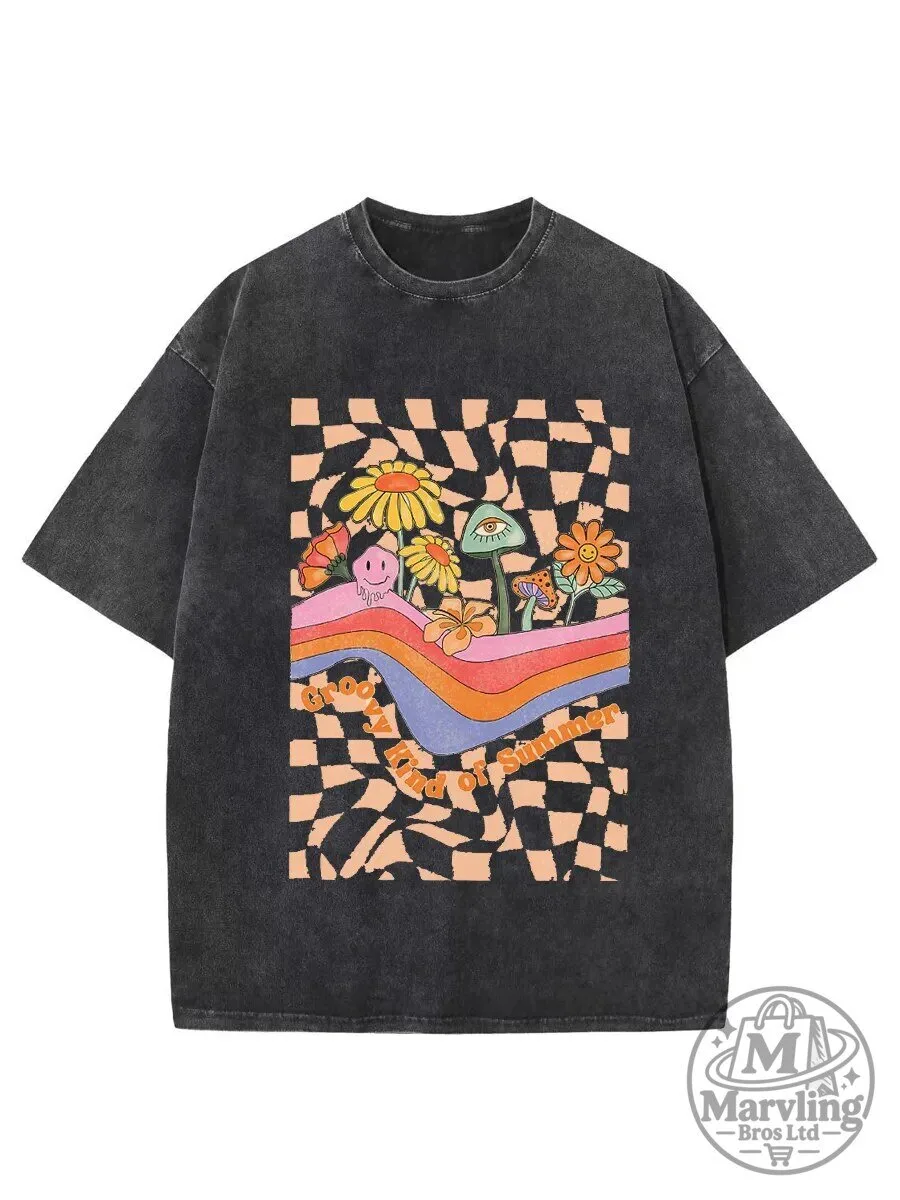 Vintage Groovy Kind of Summer Checkerboard Floral Washed T-Shirt