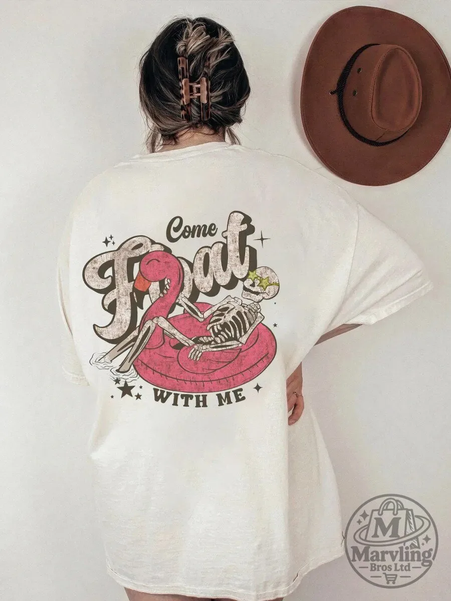 Come Float With Me Skeleton Flamingo Summer Vacation T-Shirt