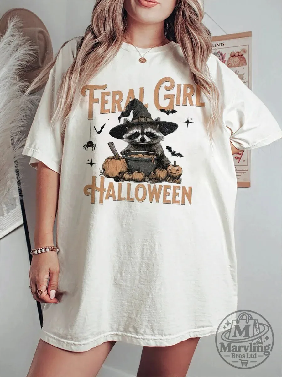 Feral Girl Halloween Raccoon Witch with Pumpkins Vintage T-Shirt